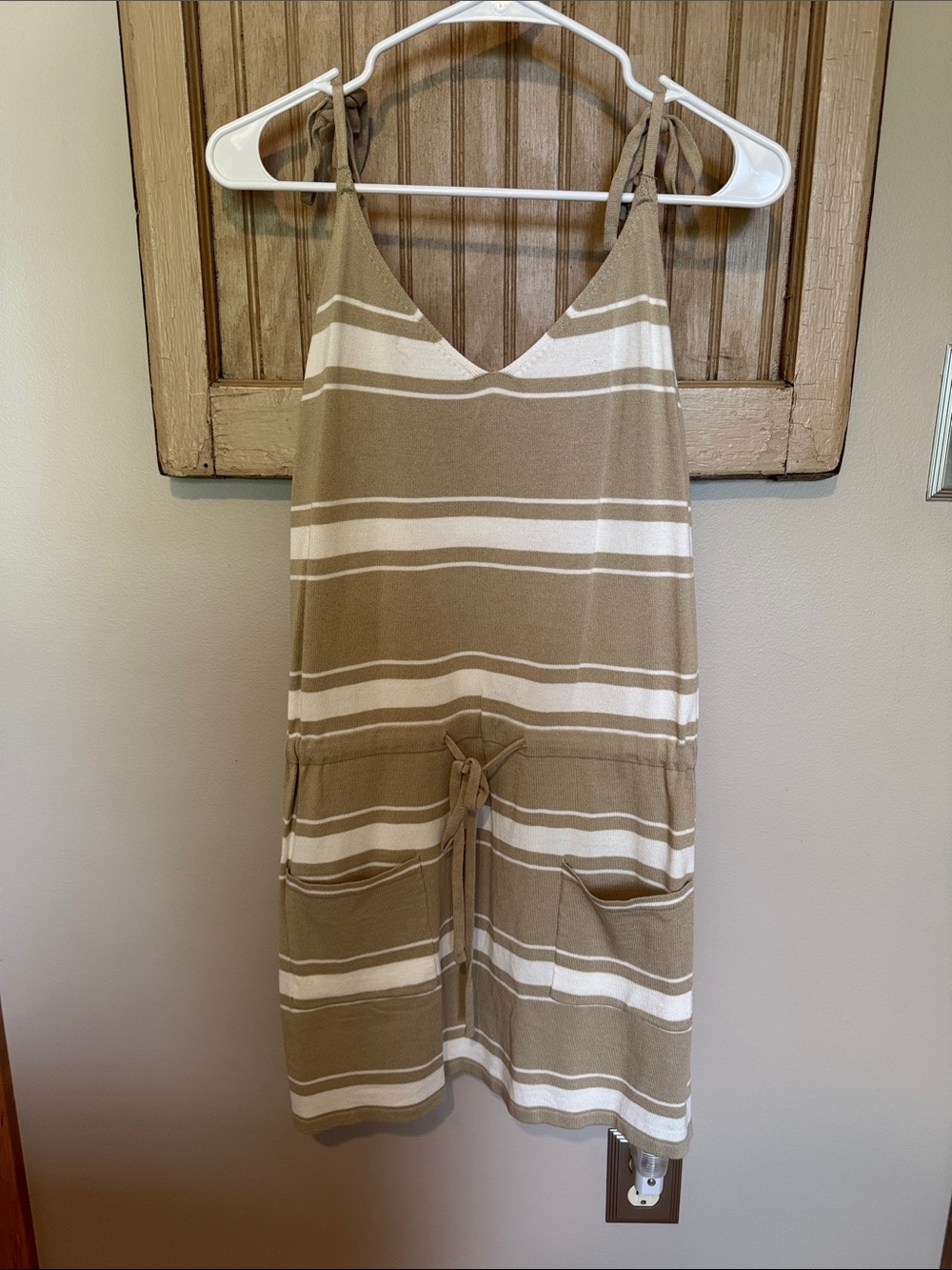 Striped Tie-Shoulder Sundress in Taupe and White